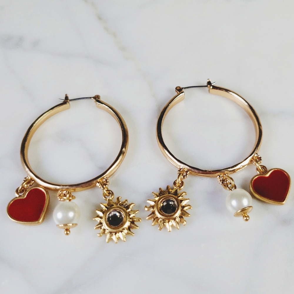 Chico's Heart Charm Hoop Earrings Pierced Katy Collection Heart Pearl Su… - Picture 1 of 9